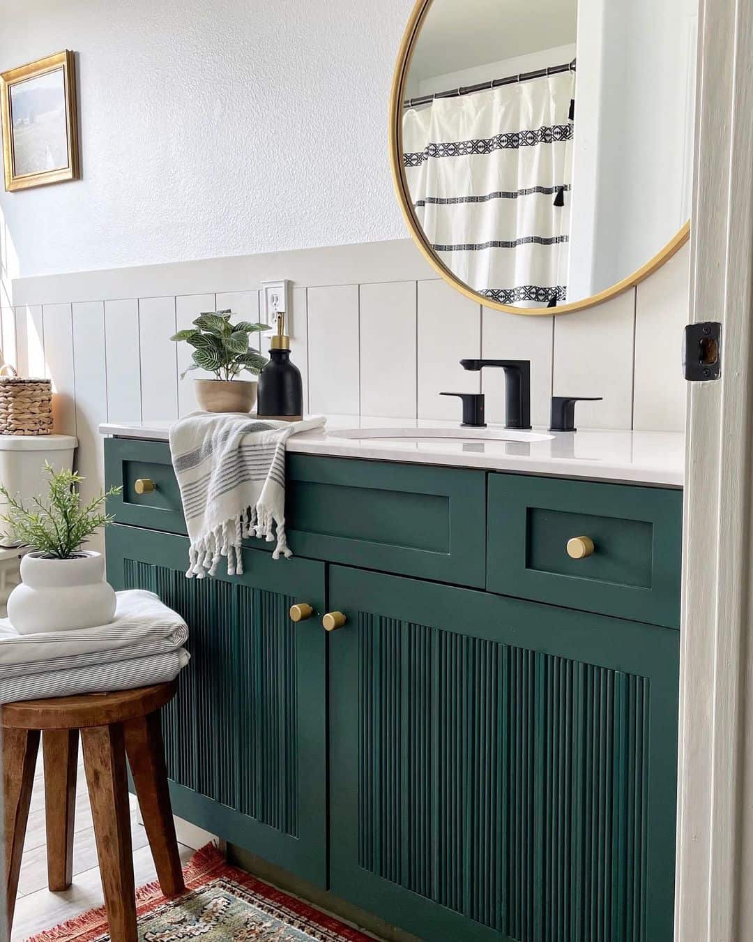 Gray Shiplap Bathroom with Green Fluted Soul & Lane