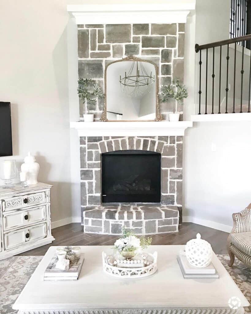 Gray Stone Fireplace with Vintage Furniture