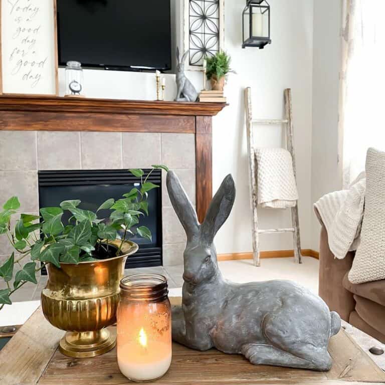Gray Tile Fireplace Framed by Wood Mantel
