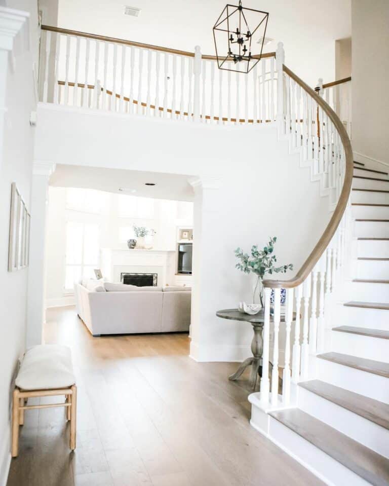 Gray Wood Round Entry Table Under Stairs