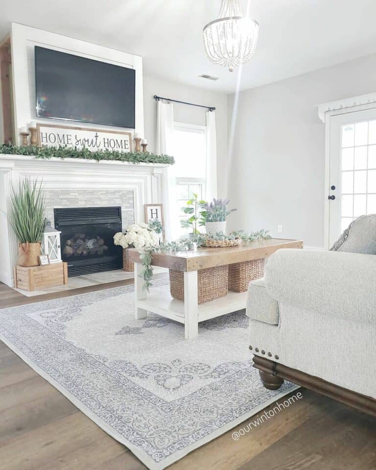 Gray and White Fireplace with Botanical Accents