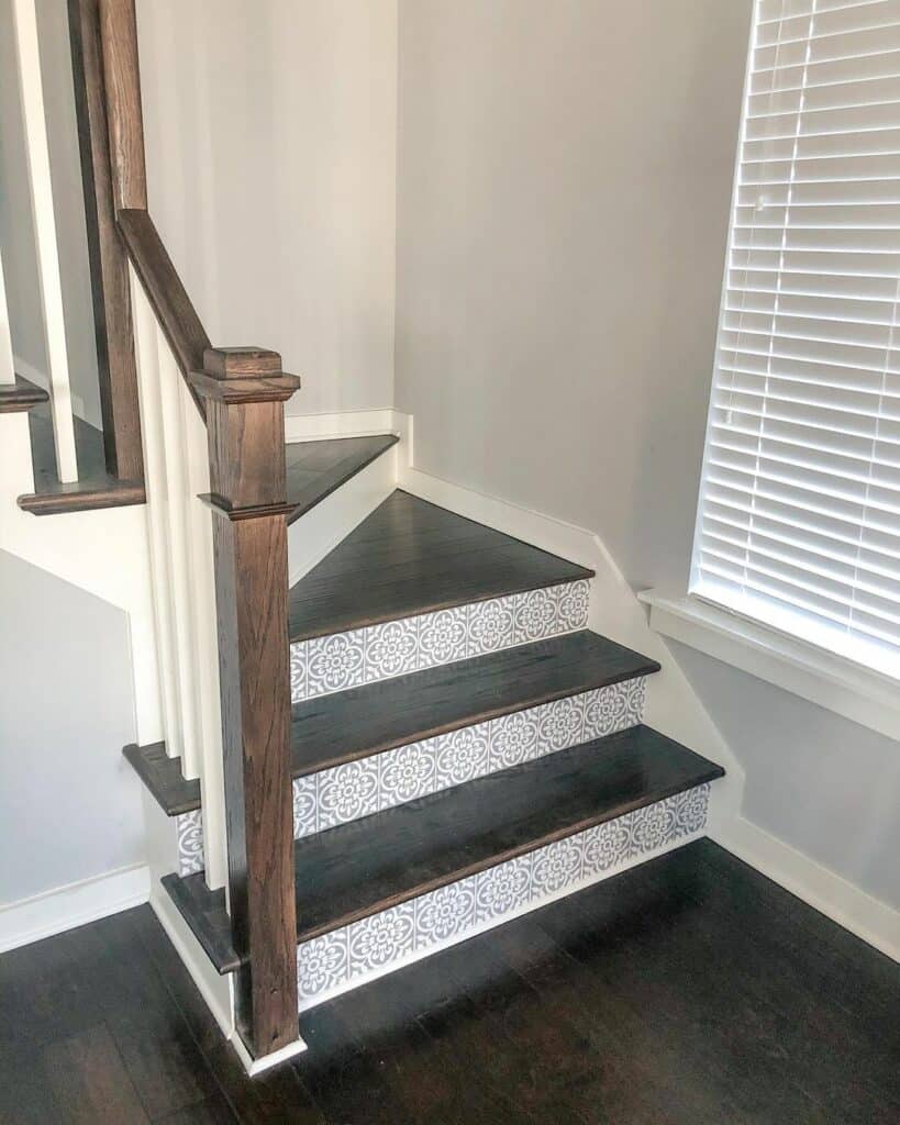 Gray and White Stick-On Tile Stair Risers