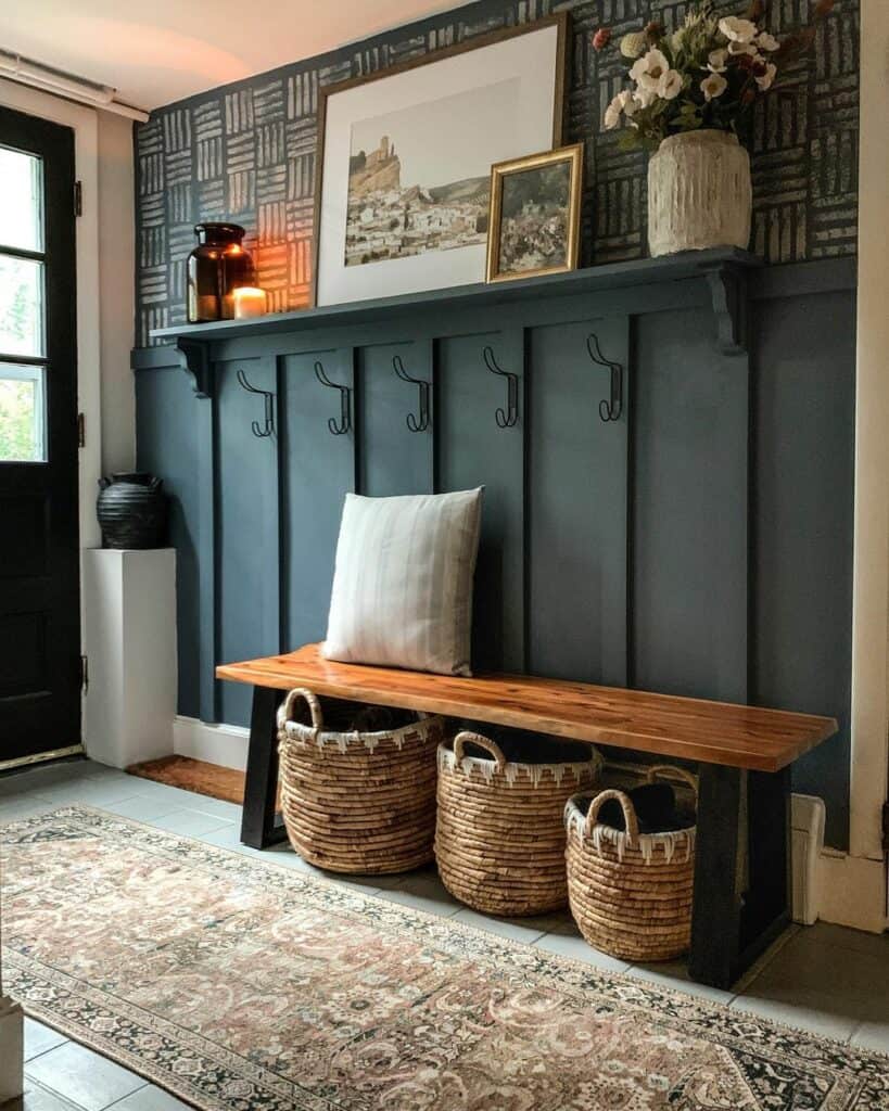 Green Wallpaper and Green Wainscoting Entryway