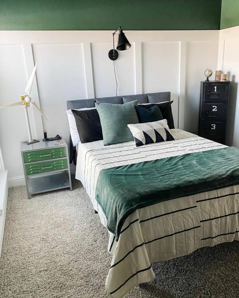 Green and White Bedroom with Industrial Accents