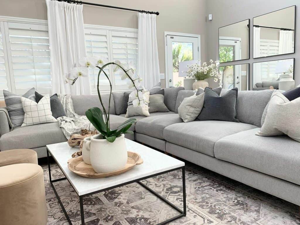 Greige Living Room with White Marble Coffee Table