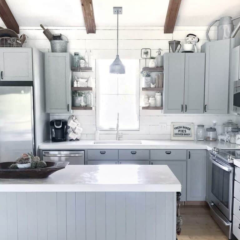 Grey Kitchen Cabinets on a White Shiplap Wall
