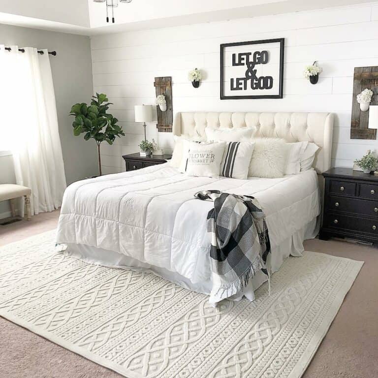 Grey Plaid Throw Blanket in Farmhouse Bedroom