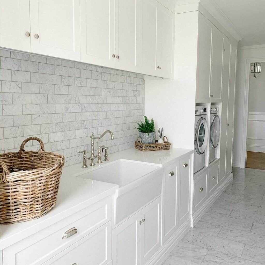 Grey Subway Tile Backsplash in White Laundry Room