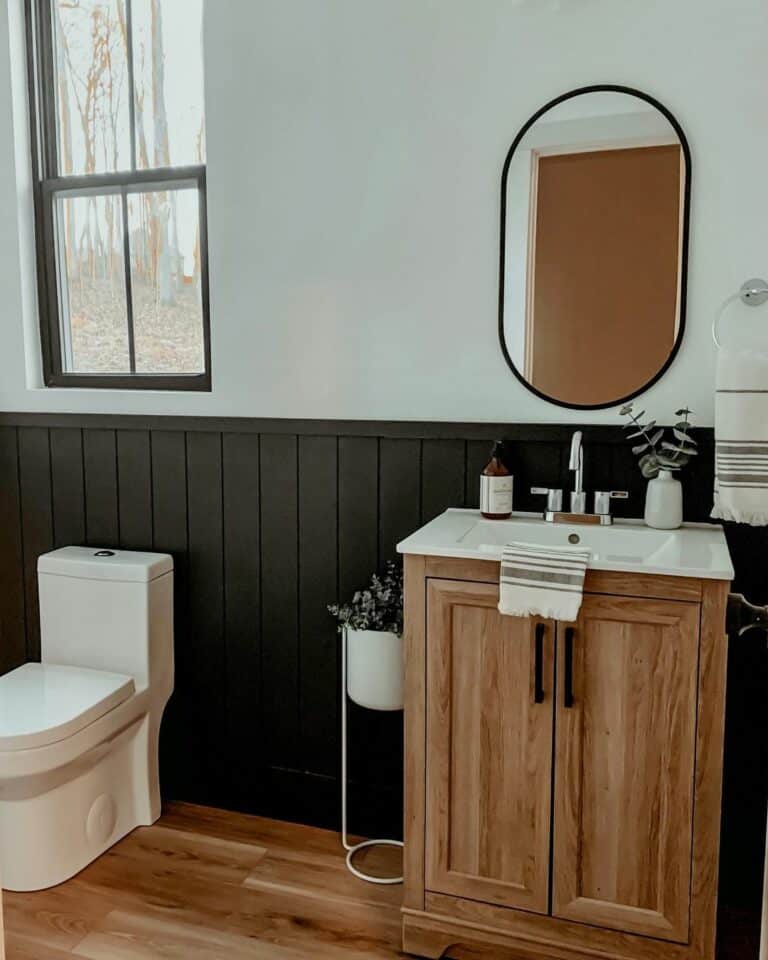 Half Bath with Black Vertical Shiplap Wainscoting