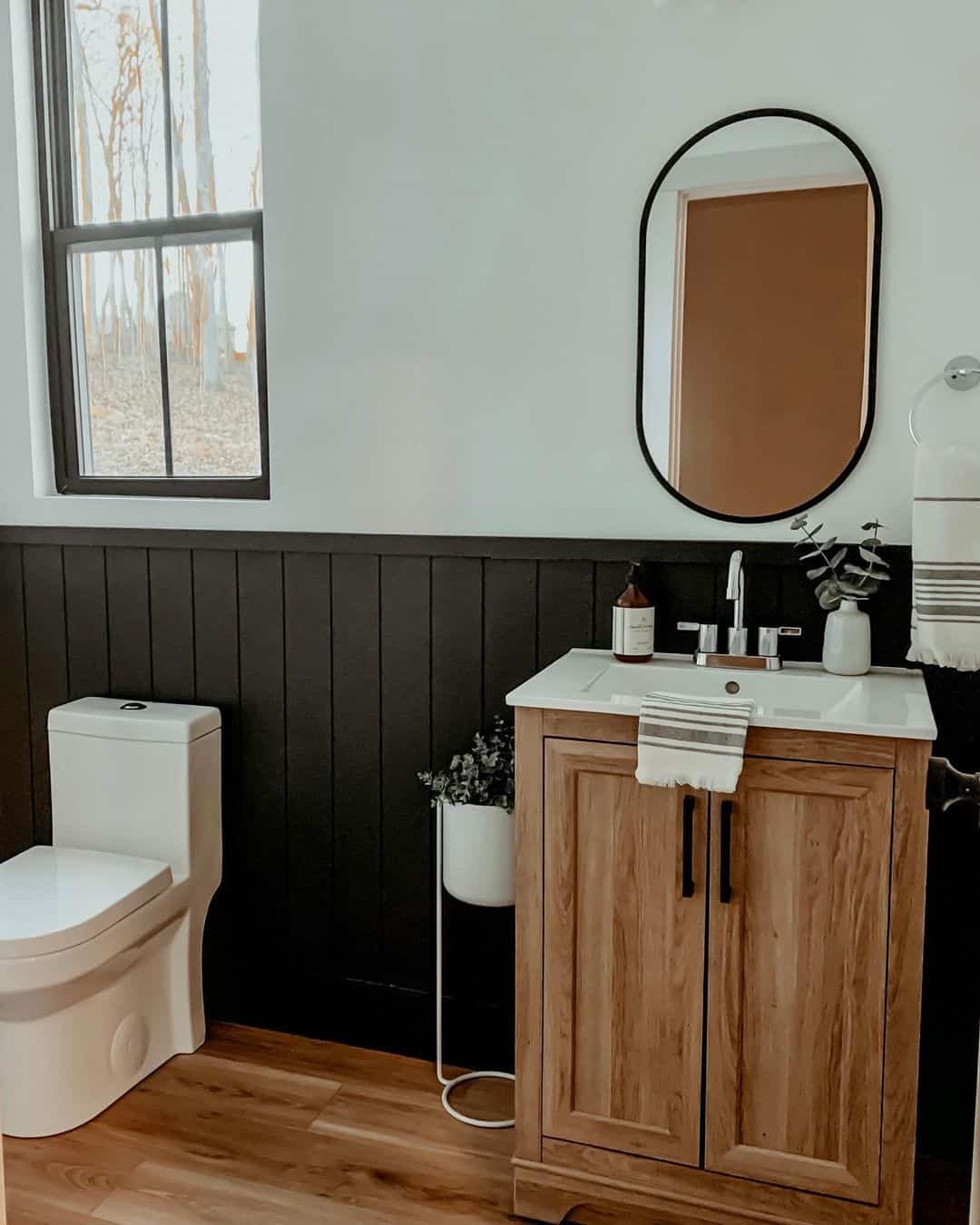 Half Bath with Black Vertical Shiplap Wainscoting Soul & Lane