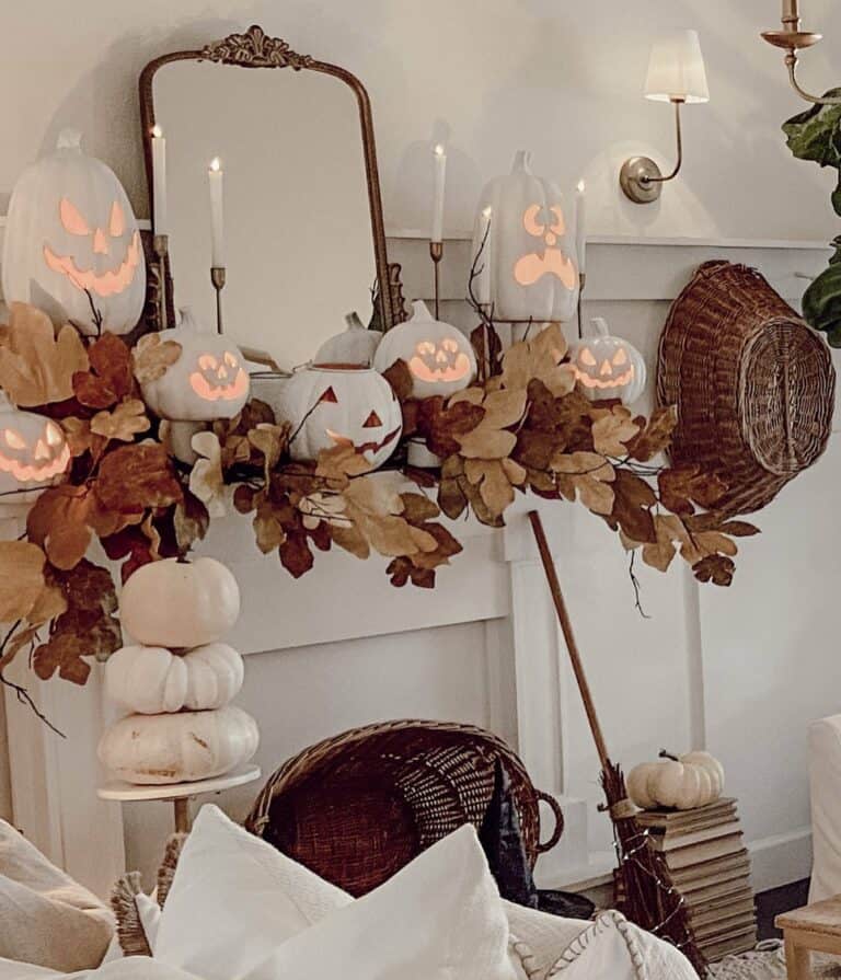 Halloween Fireplace Decor with White Pumpkins