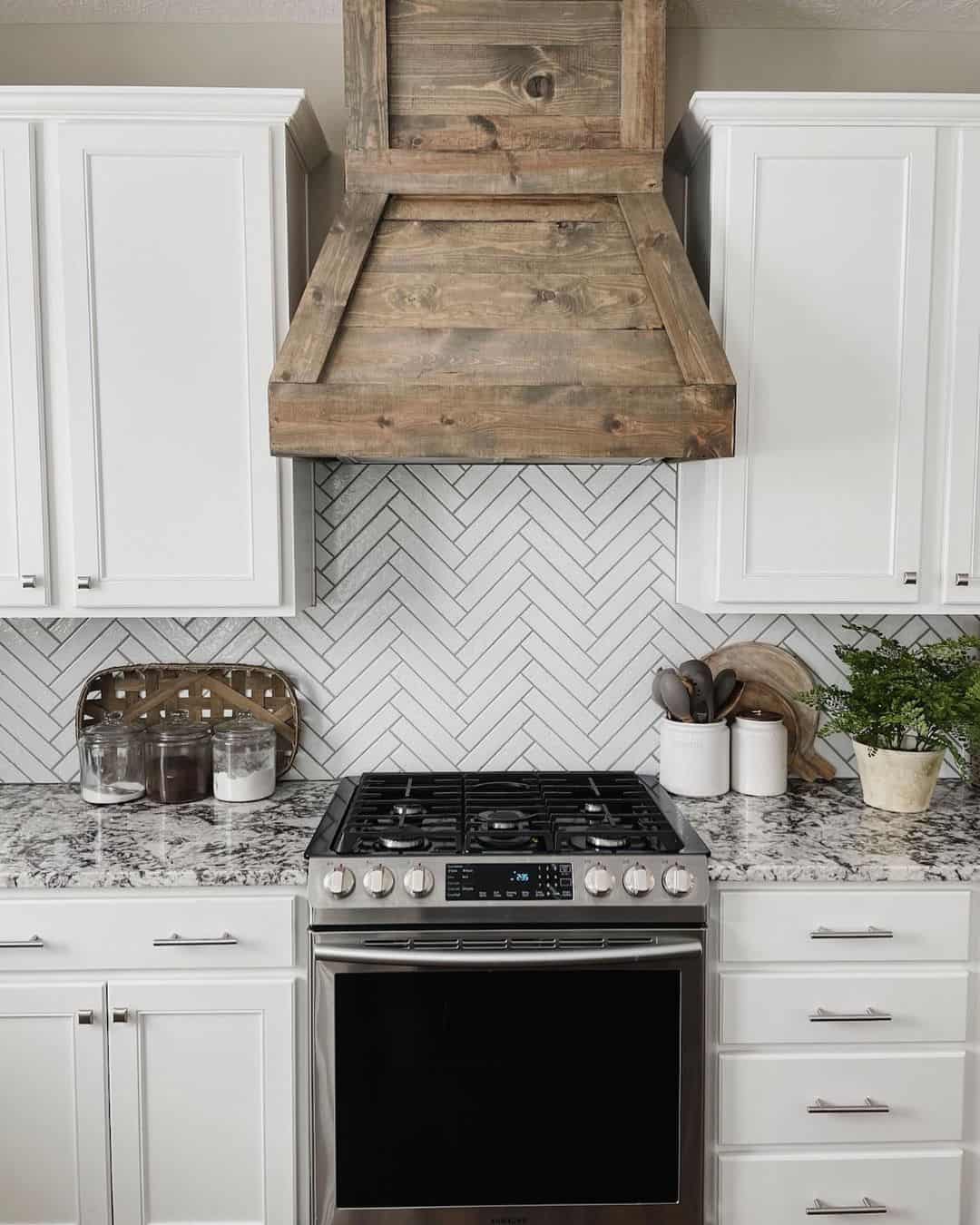 Herringbone Backsplash With Rustic Wood Range Hood Soul Lane herringbone-backsplash-with-rustic-wood-range-hood-soul-lane