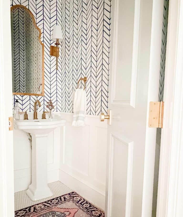 Herringbone Small Bathroom Wallpaper With Bronze Fixtures