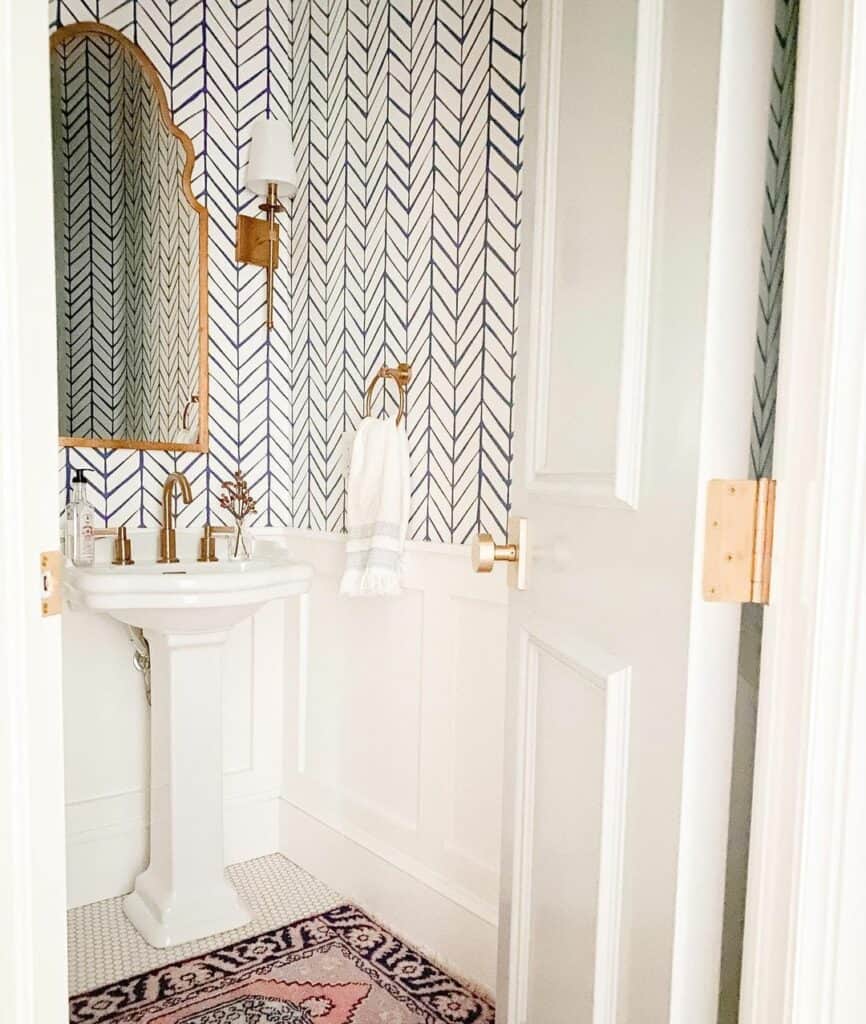 Herringbone Small Bathroom Wallpaper With Bronze Fixtures Soul & Lane