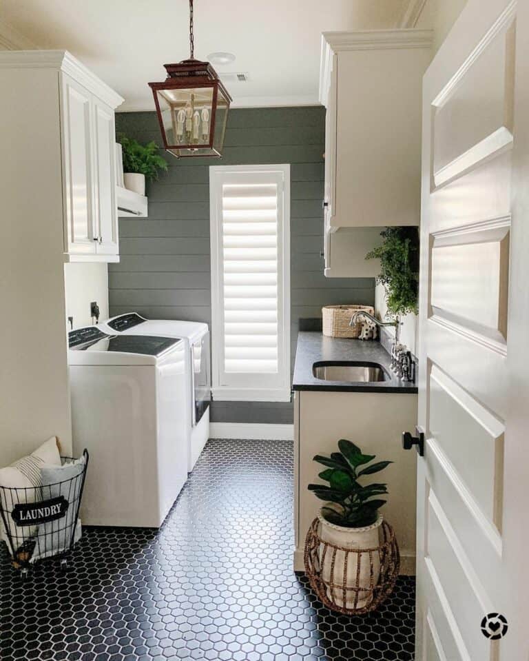 Hexagone Tile Flooring and Gray Accent Wall