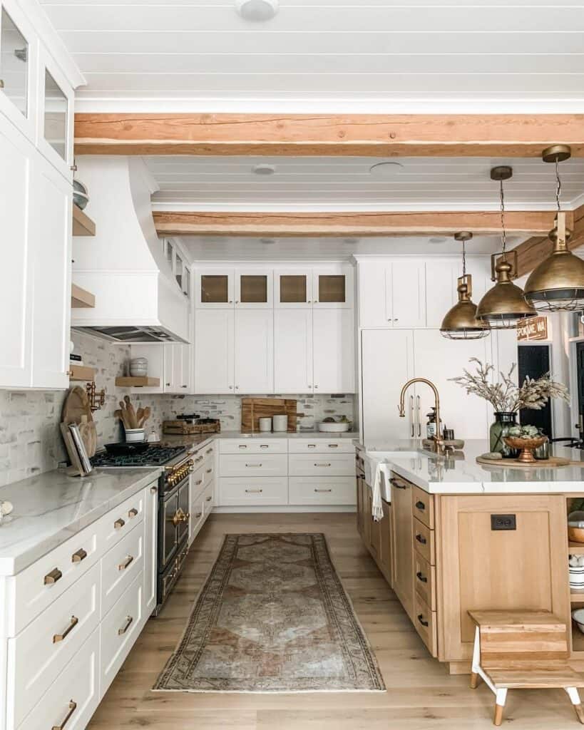 Industrial Pendant Lights Over an Oak Kitchen Island