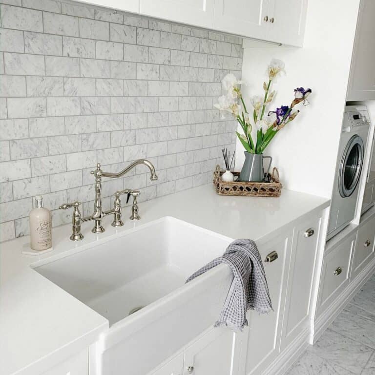 Irises Against a Light Gray Tile Backsplash