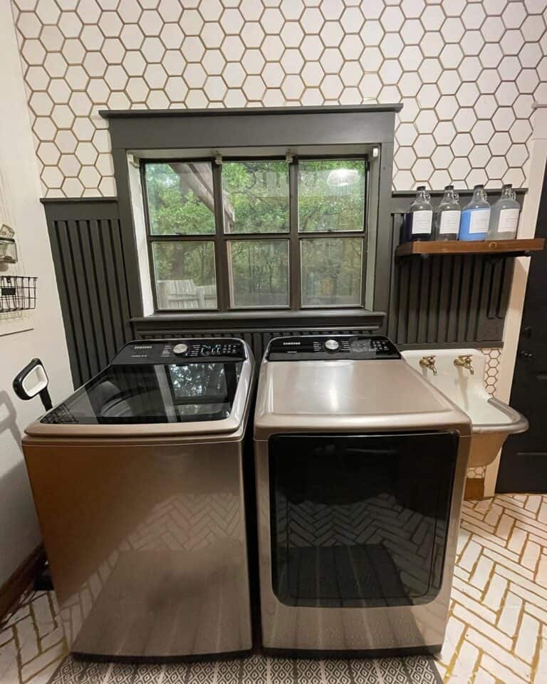 Large White Hexagon Laundry Room Tile Backsplash