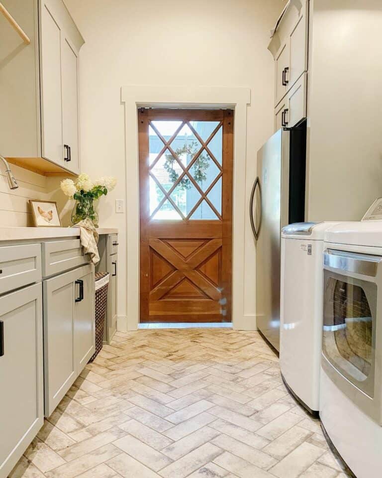 Lattice Natural Wood Door with White Trim