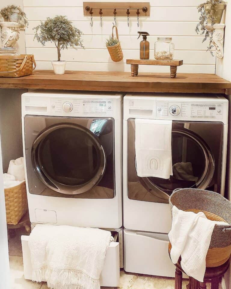Laundry Folding Station with White Shiplap Wall