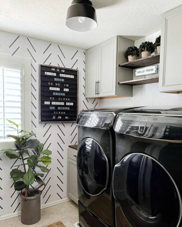 Laundry Room Floating Shelves and Accent Wall