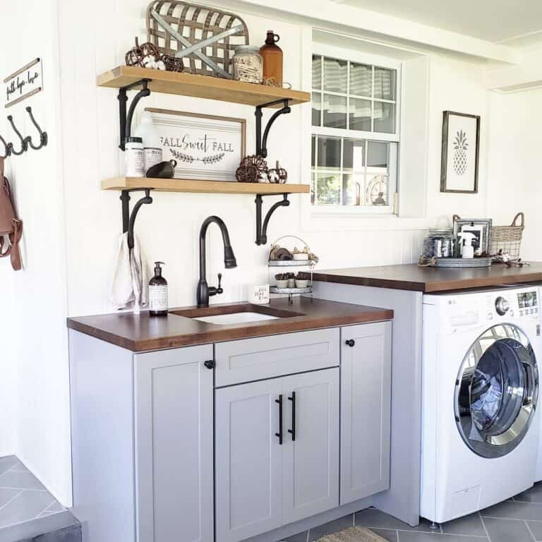 Laundry Room Shelves with Decorative Sign