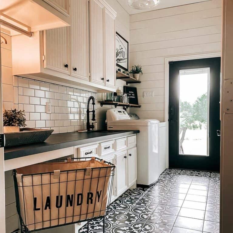 Laundry Room Tile Floor Complements White Cabinets