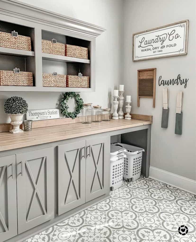 Laundry Room Wall Art and White Candlesticks