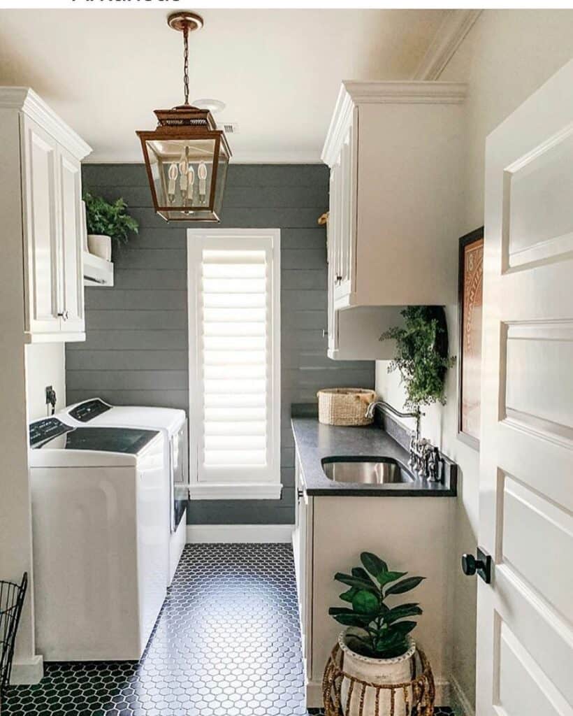 Laundry Room with Gray Shiplap Accent Wall