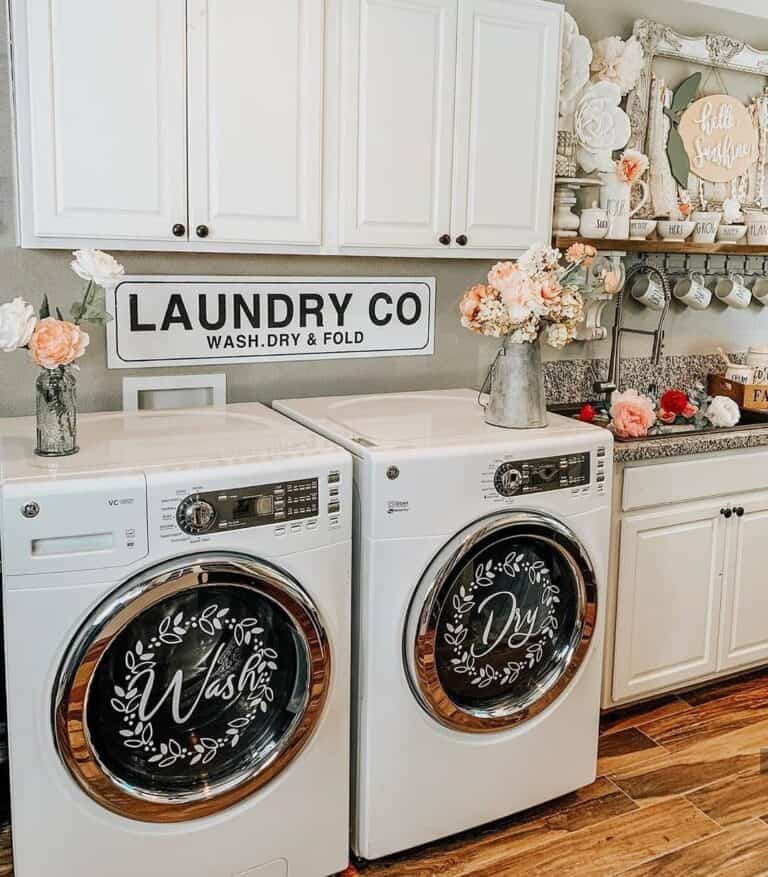 Laundry Room with Vintage Sign and Flowers