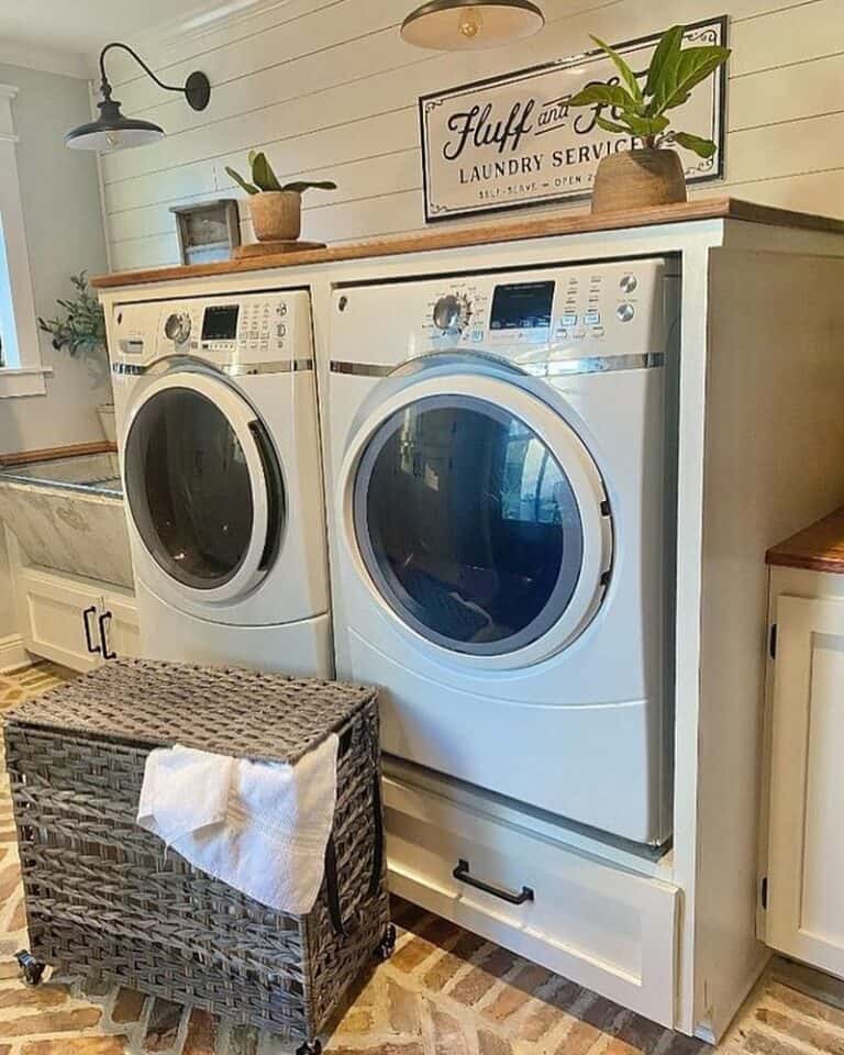 Laundry Room with White Shiplap and Wood Counters