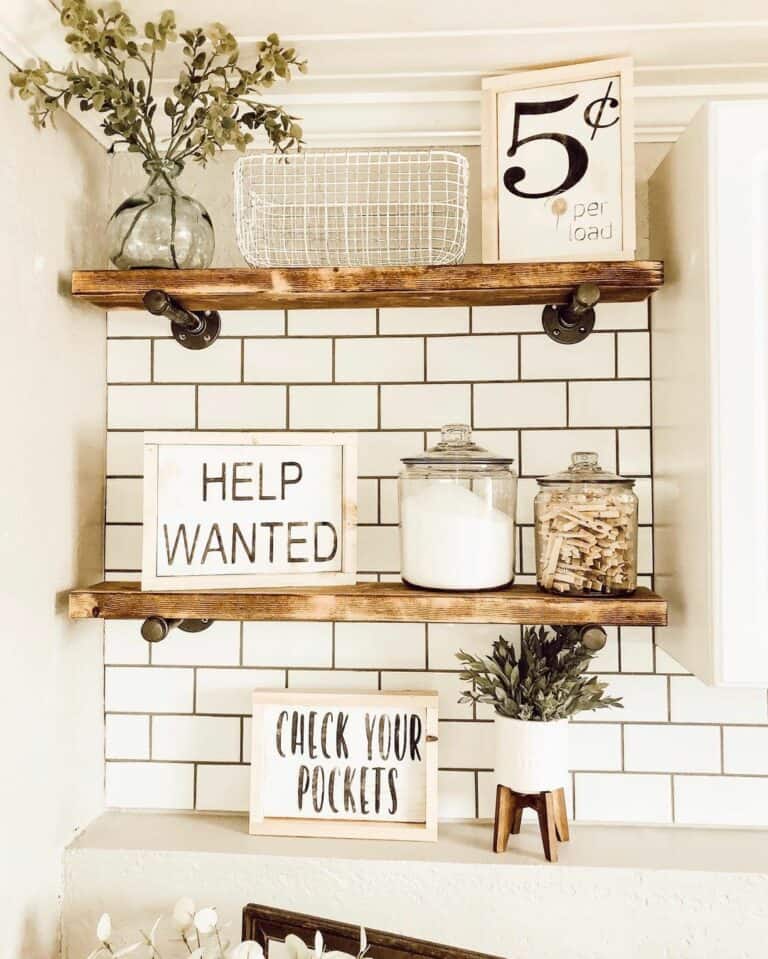 Laundry Shelves with Flowers and Signs