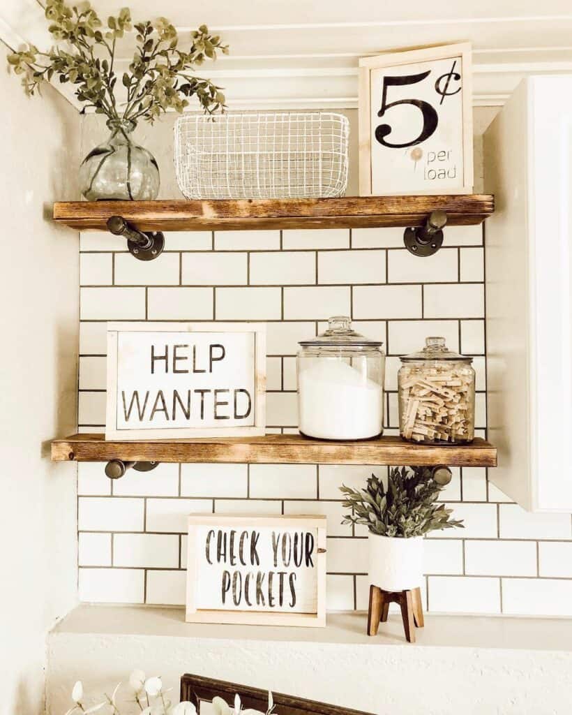 Laundry Shelves with Flowers and Signs