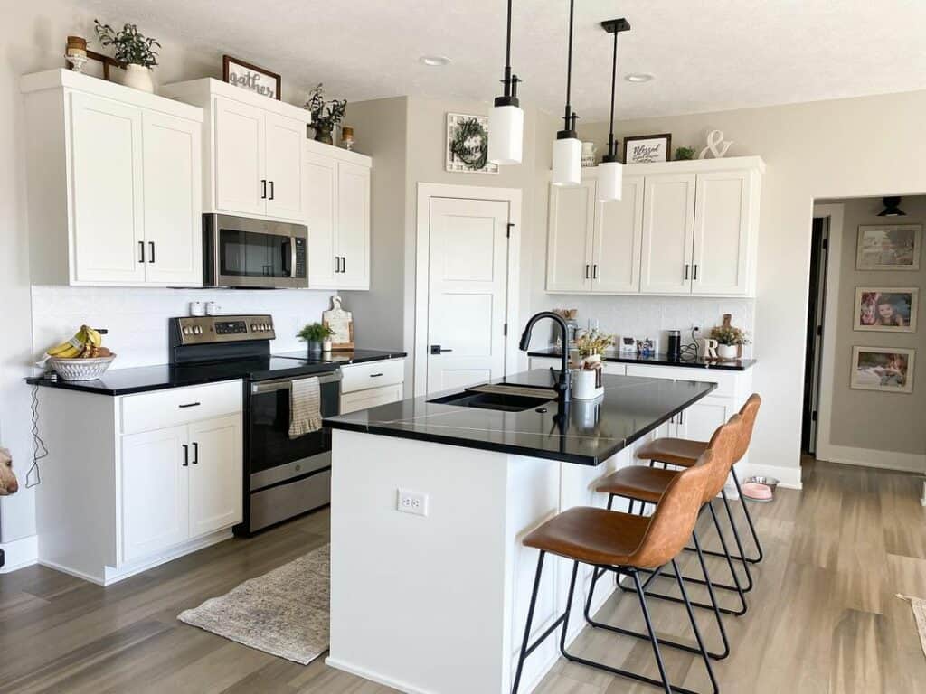 Leather Farmhouse Kitchen Island Seating in Black and White Kitchen