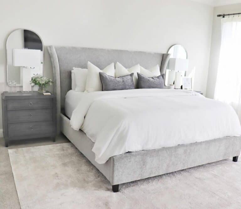 Light Gray Bedroom Accents and Arched Mirrors