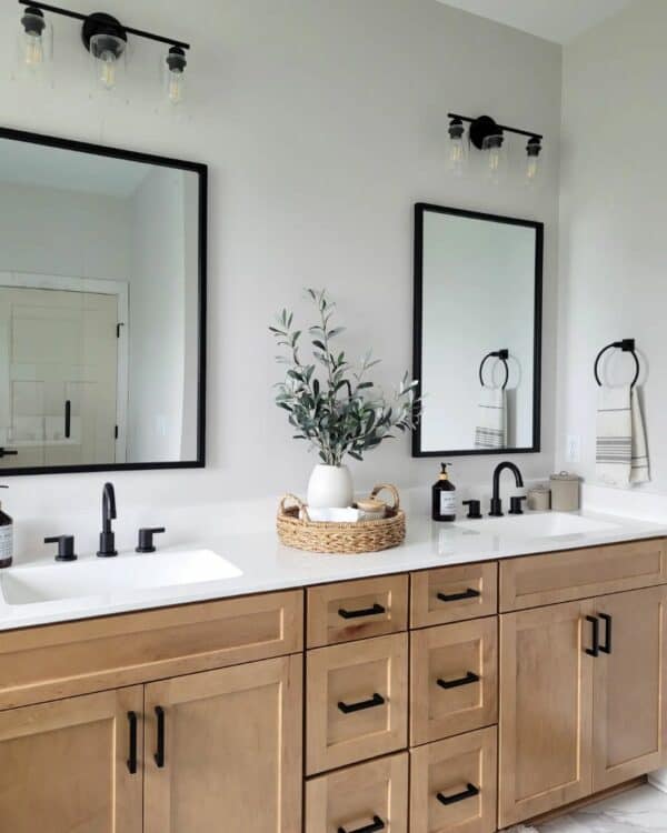 Light Gray Modern Bathroom with Wood Vanity - Soul & Lane