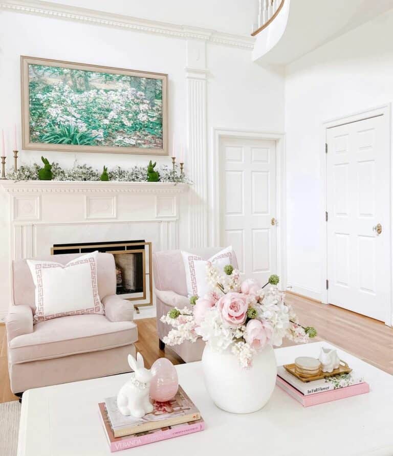Light Pink Décor for White Rectangular Coffee Table