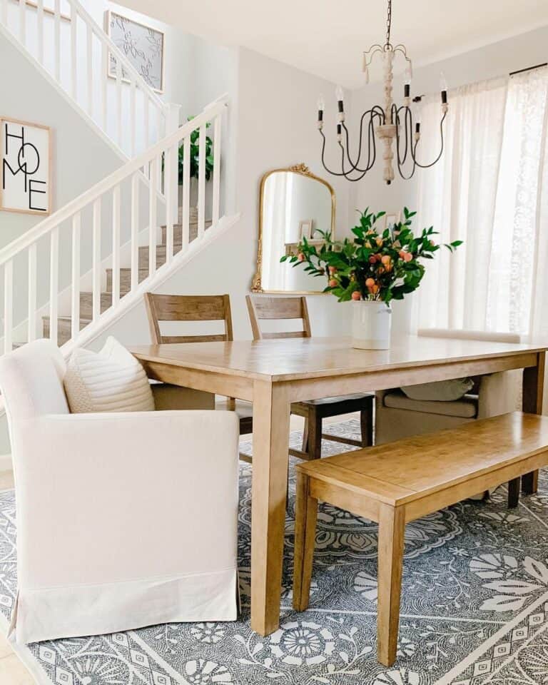 Light Stained Wood Dining Table with Bench