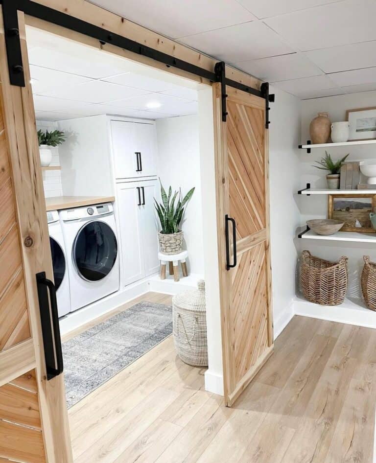 Light Wood Double Barn Doors for Laundry Room