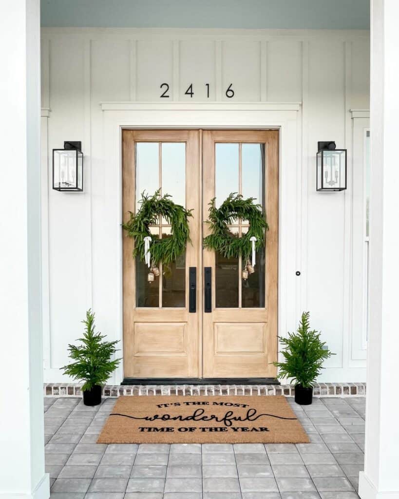 Light Wood Double Doors with White Exterior Door Trim