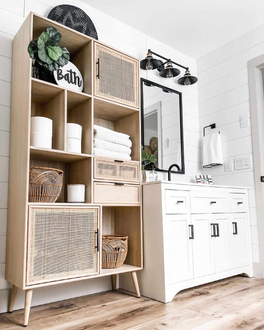 Light Wood Shelving Unit in a Black and White Bathroom - Soul & Lane