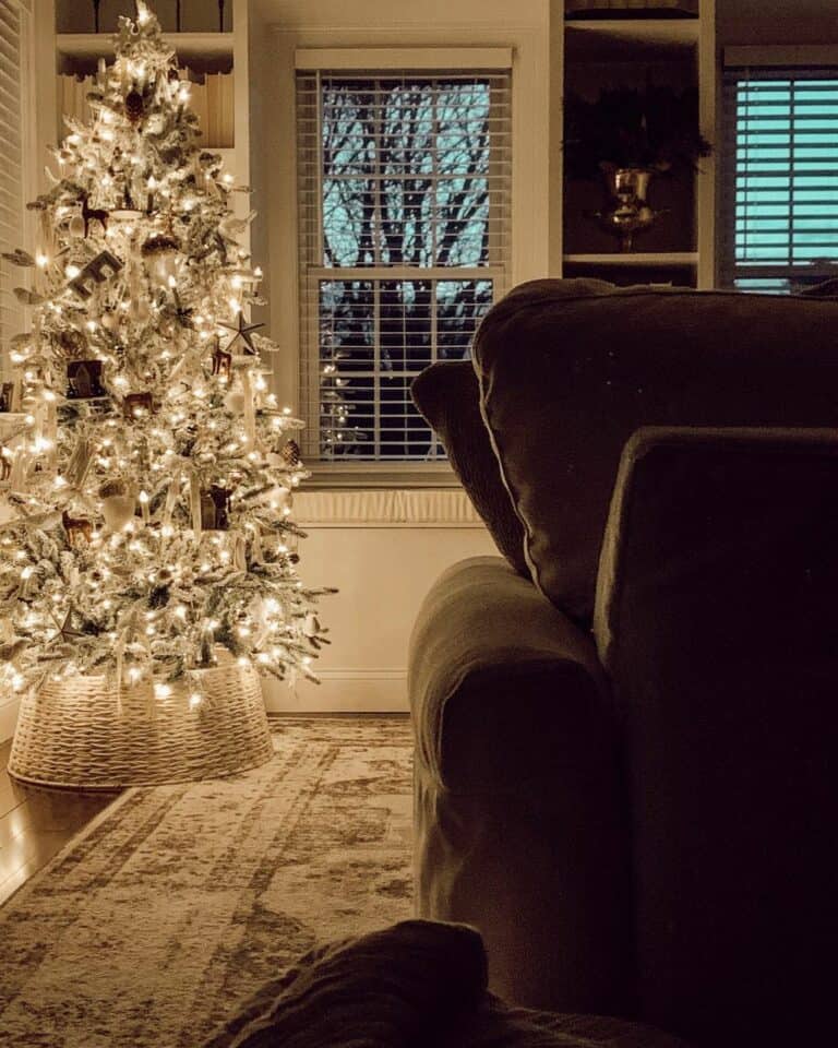 Living Room Christmas Tree with White Rattan Collar
