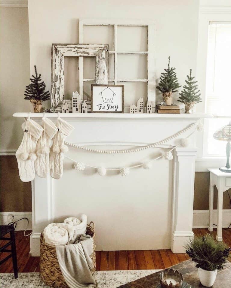 Living Room Fireplace with Rustic Window Décor