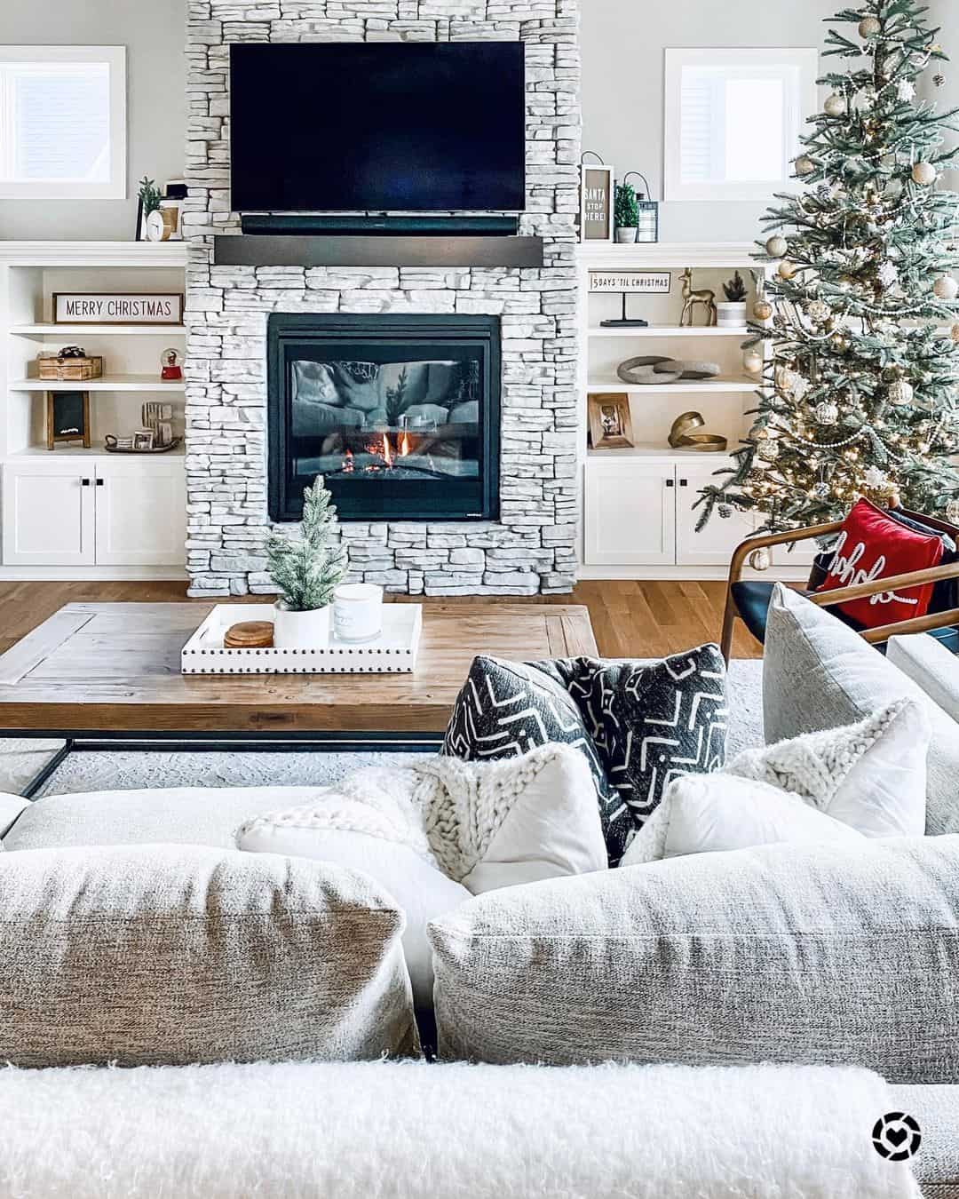 Living Room with Dry Stacked Stone Fireplace and Small Windows - Soul \u0026 Lane, image size:1080x1350