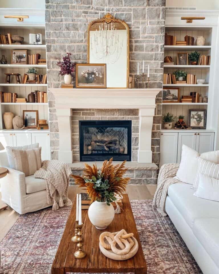 Living Room with Natural Tones and a Stone Fireplace
