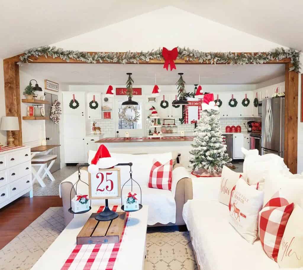 Living Room with Red and White Buffalo Check Christmas Décor