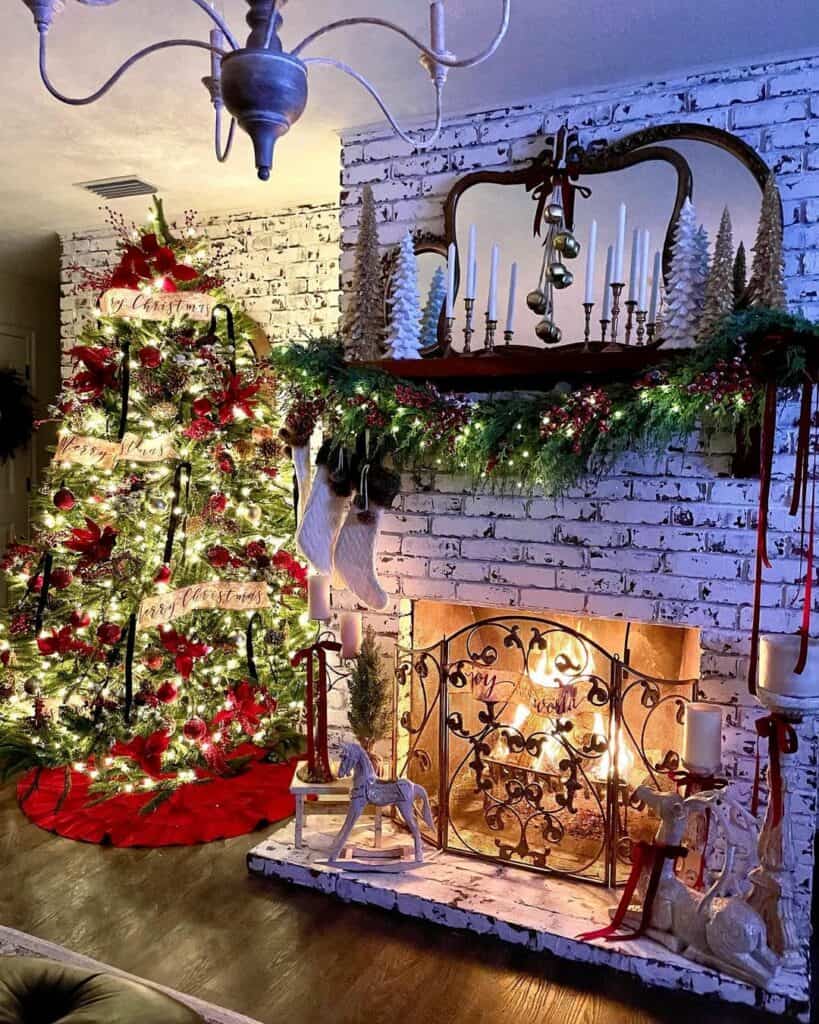 Mantel with Pine Trees in Front of Layered Mirrors