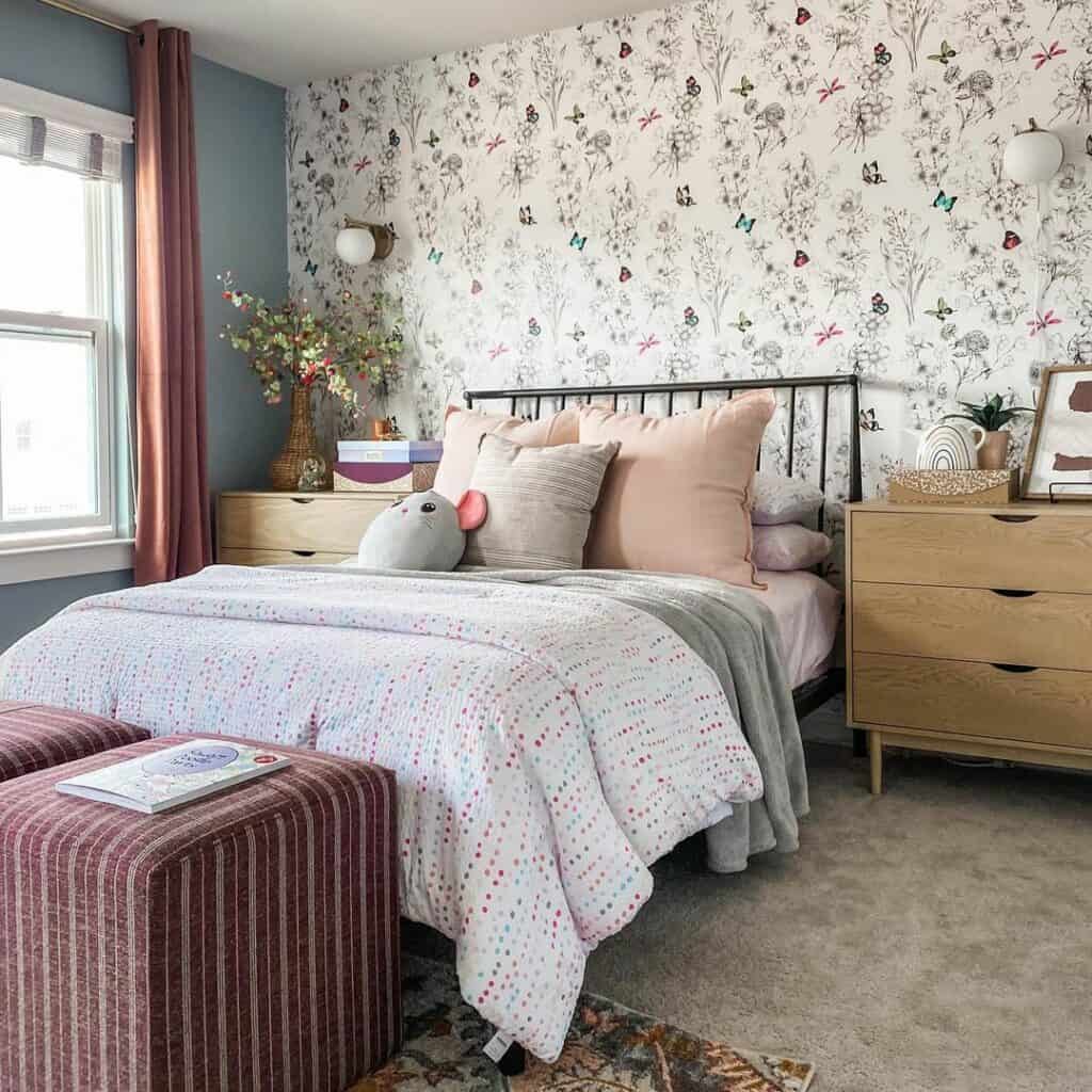 Mid-Century Girl's Room With Floral Wallpaper