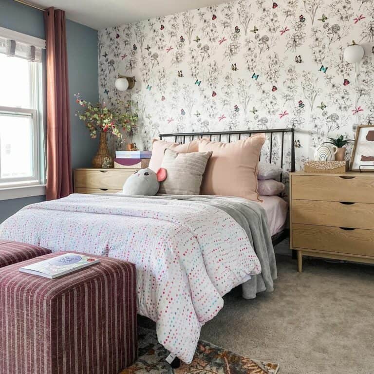 Mid-Century Girl's Room With Floral Wallpaper