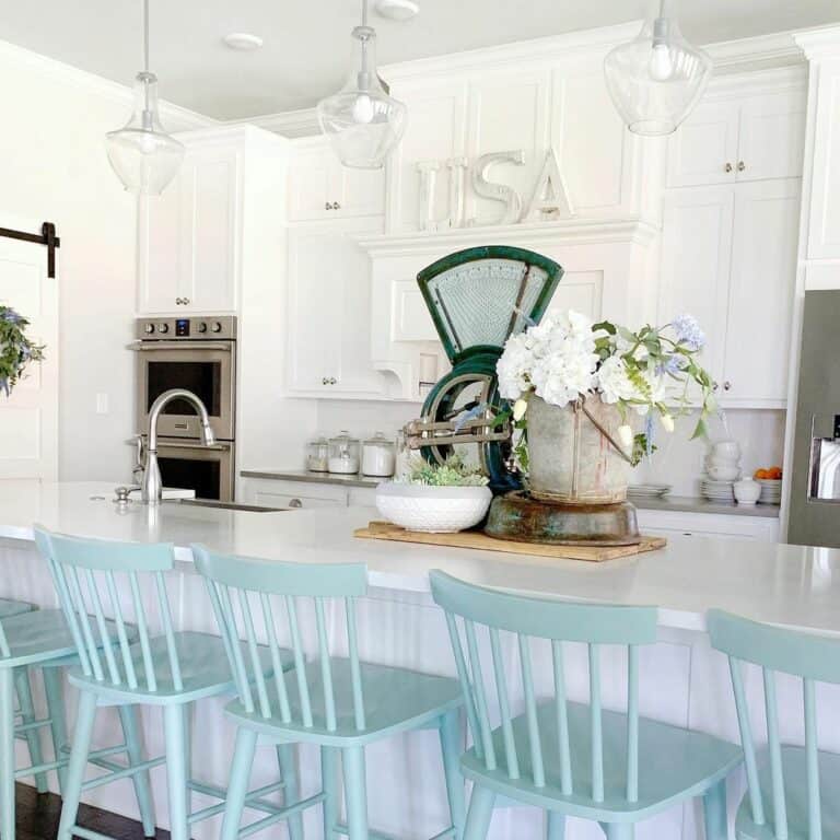 Mint Green Chairs In White Kitchen